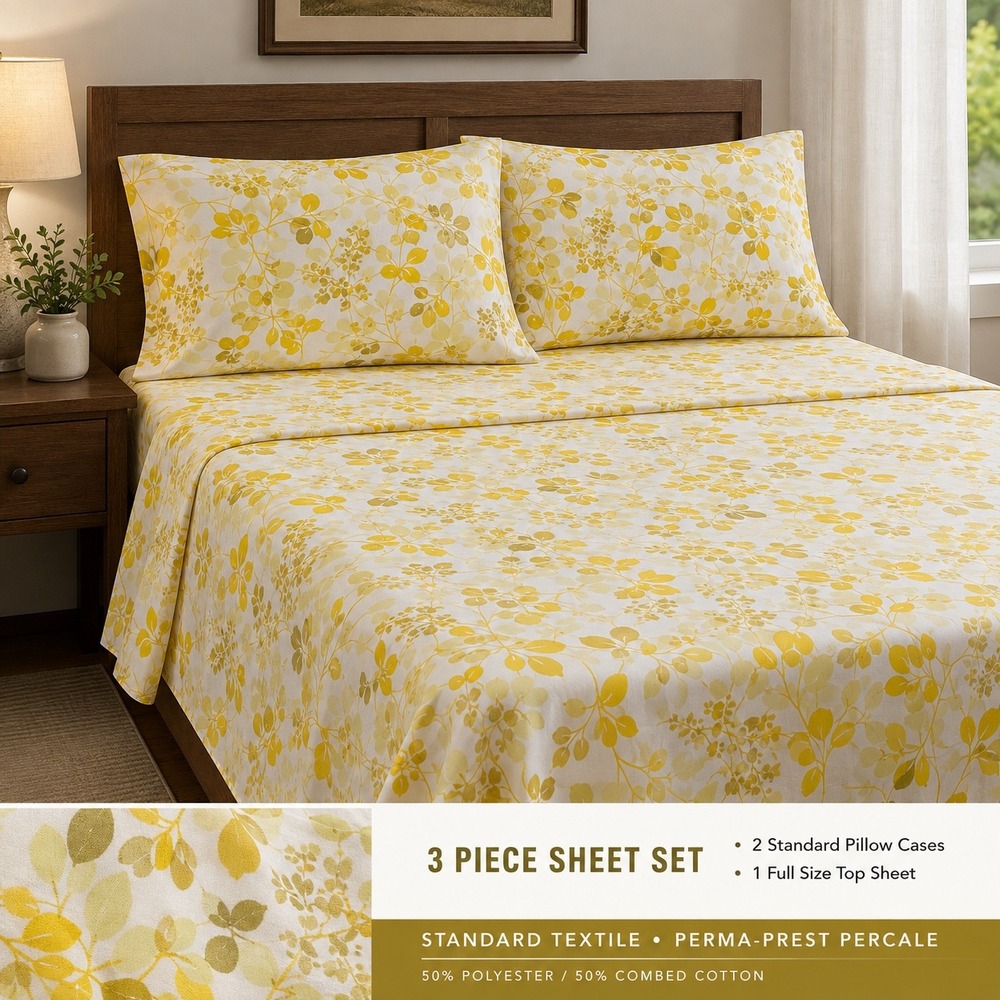 Vintage standard Textile Full Flat Sheet 2 Pillowcases Yellow Floral Percale USA